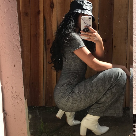 Thick grey plaid shirt sleeve jumpsuit - Picture 2 of 4